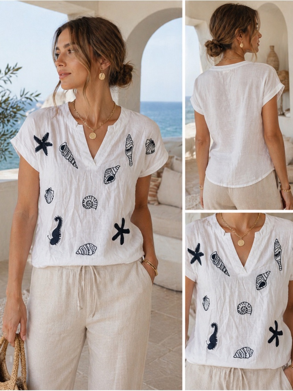 Solitaire Coastal Shell Embroidered Top White Linen Look L
